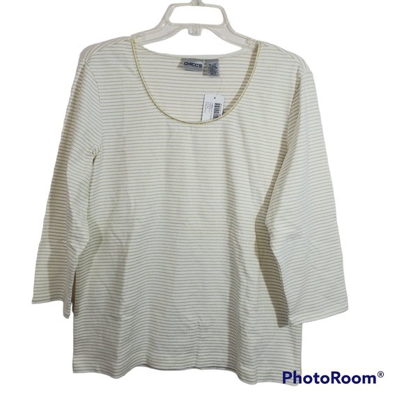 Chico's Tops - Chico's 3/4 Sleeve Tee Luminous Stripe Gold Cream NWT Size Extra Large